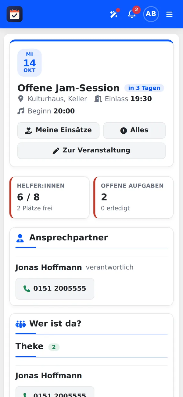 Tagesansicht einer Veranstaltung auf dem Handy mit Ansprechpartner und Helfer:innen